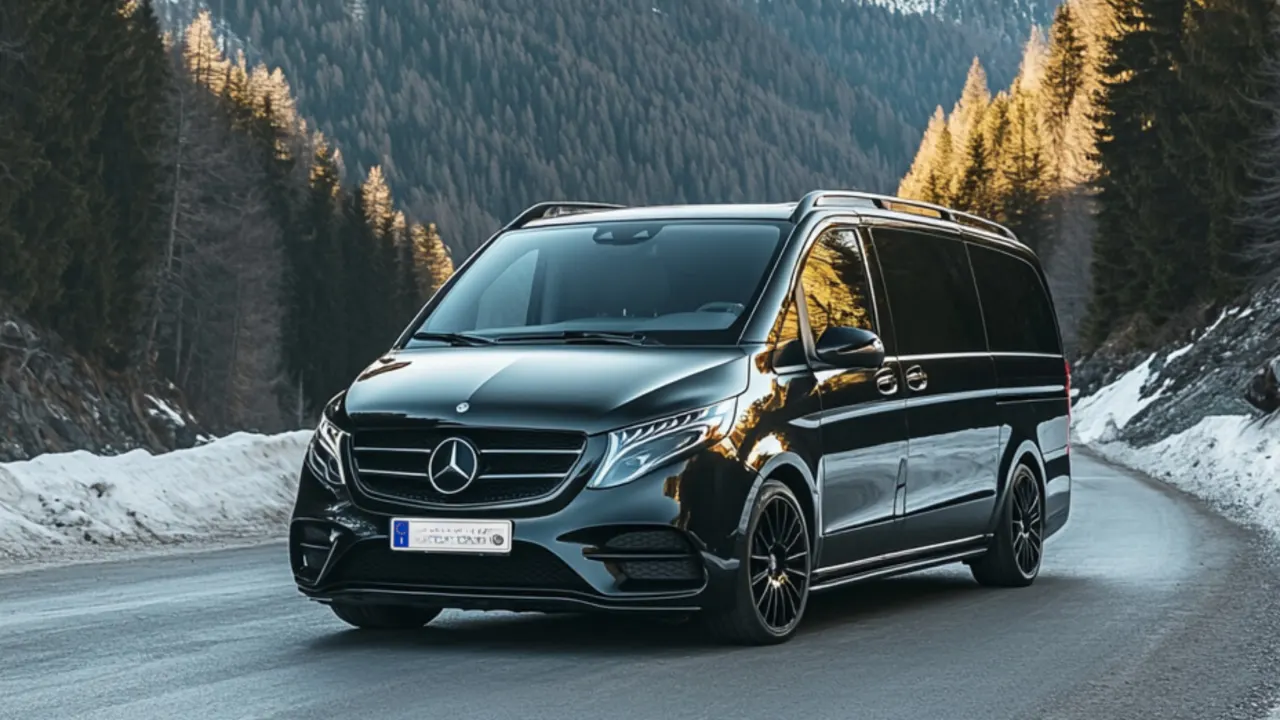 Mercedes Classe V di VLS su una strada di montagna innevata nelle Dolomiti